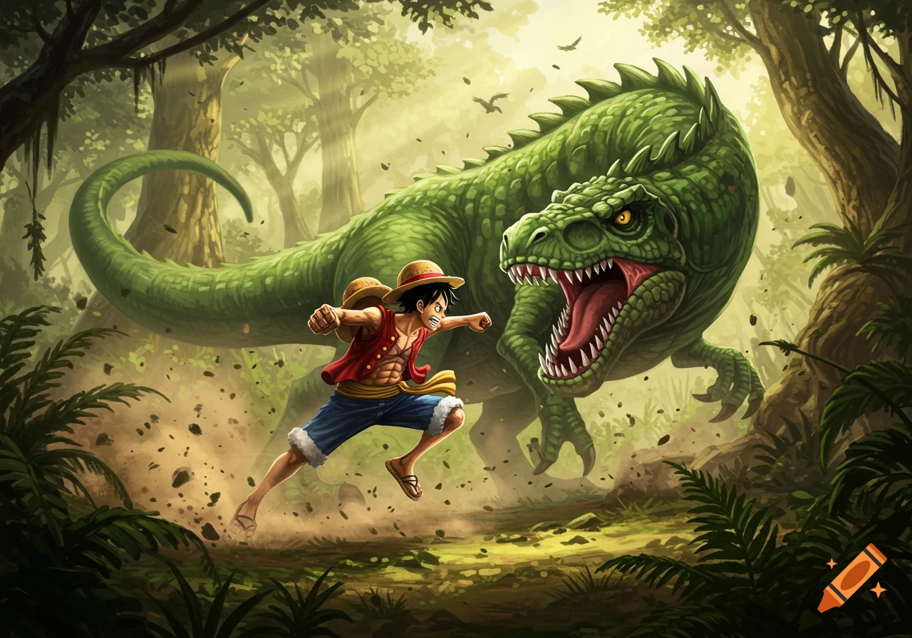 Luffy from One Piece punches a roaring green dinosaur in a lush, sunlit jungle, in an anime illustration style.