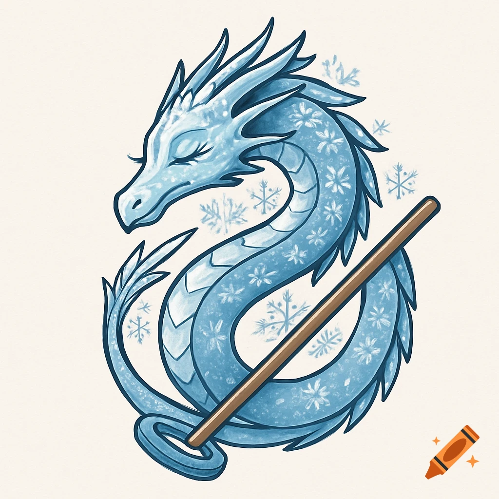 A stylized ice dragon with eyelashes and snowflake patterns on its body, its tail wrapped around a brown ringette stick.
