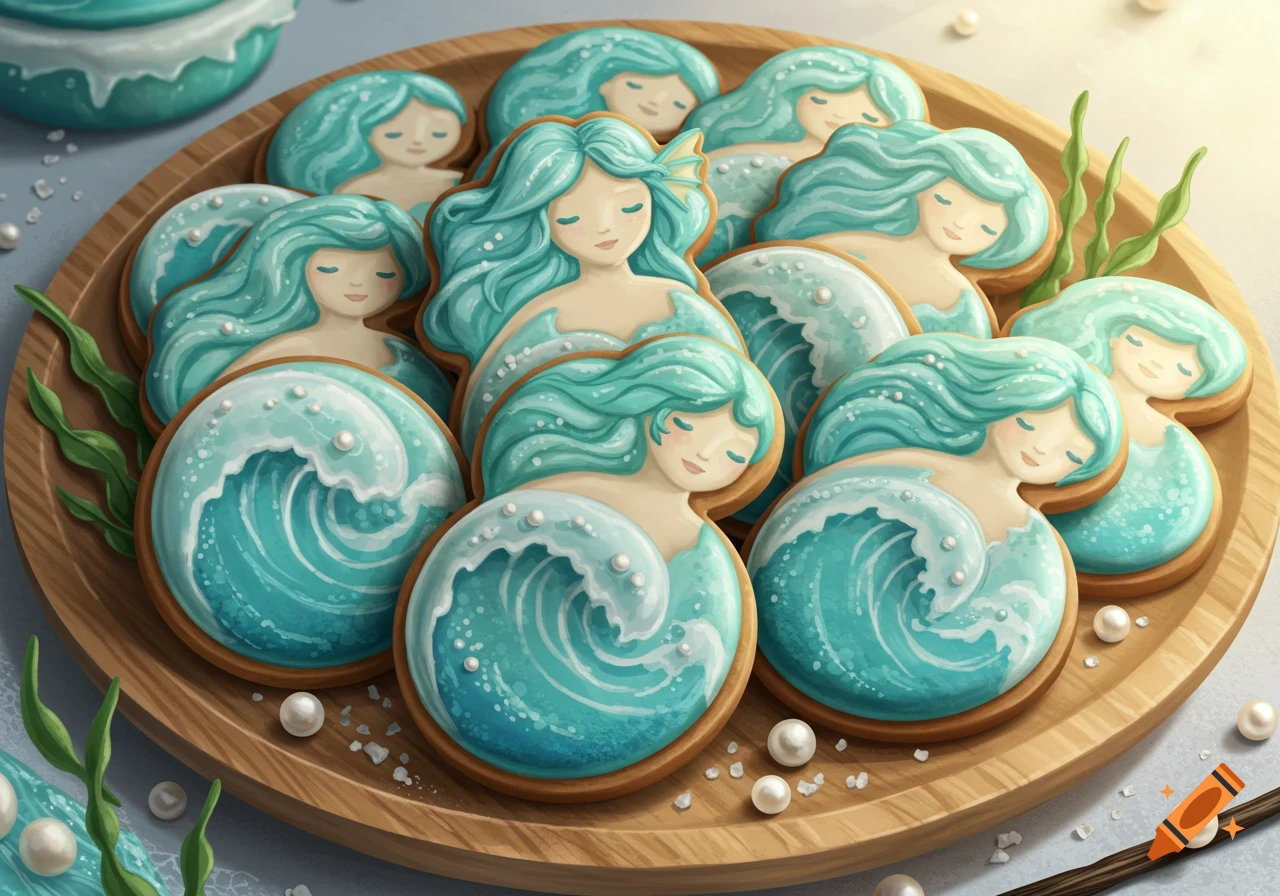 A wooden plate filled with beautifully decorated mermaid and wave-shaped cookies, adorned with blue-green icing and white pearls.