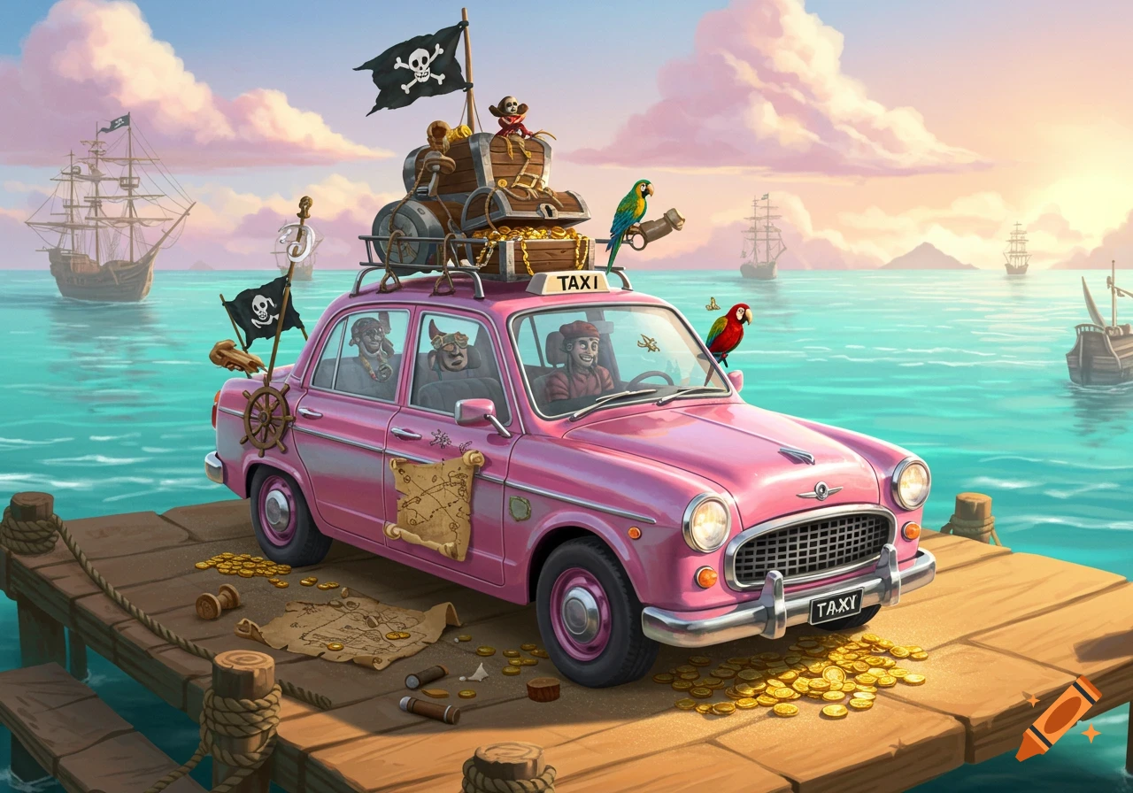 Vibrant cartoon of a pink pirate taxi car on a dock with treasure, pirate ships in the teal sea under a pastel sky.