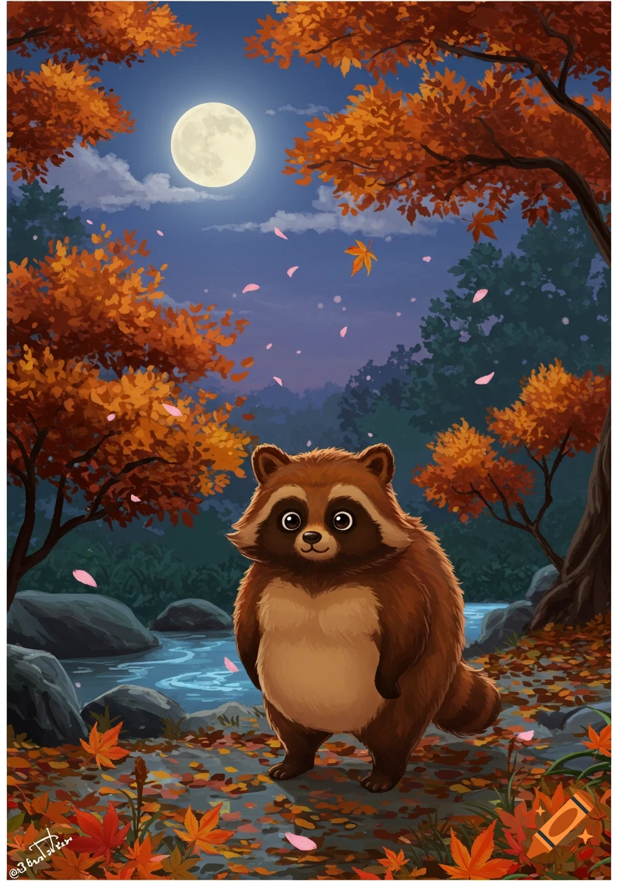 A cute, fluffy tanuki stands in an autumn forest at night under a full moon, with colorful falling leaves.