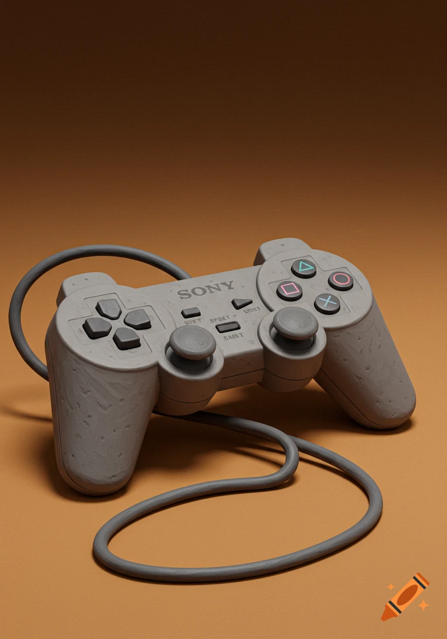 A gray PlayStation 1 controller and its cable, appearing to be crafted from clay, sits on a warm brown surface. Photorealistic style.