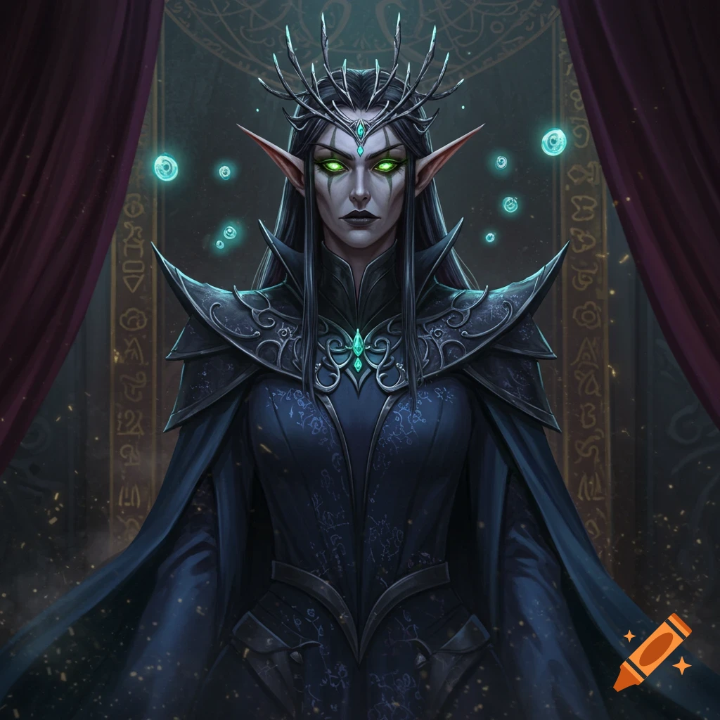 A dark elf queen with glowing green eyes, wearing ornate black armor and a skeletal crown, stands before red curtains and glowing orbs.