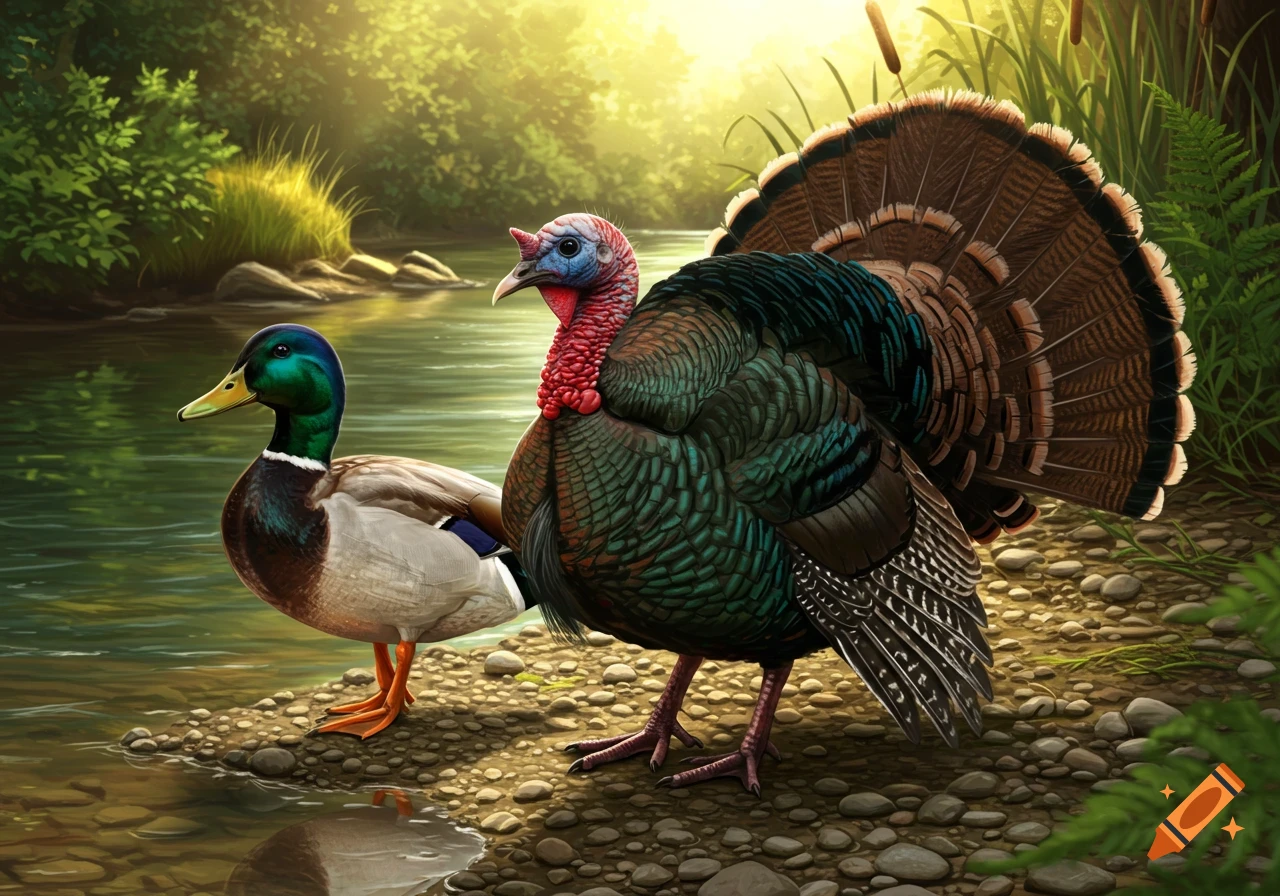 A colorful mallard duck and a wild turkey stand together on a rocky riverbank, surrounded by lush green foliage under bright sunlight.