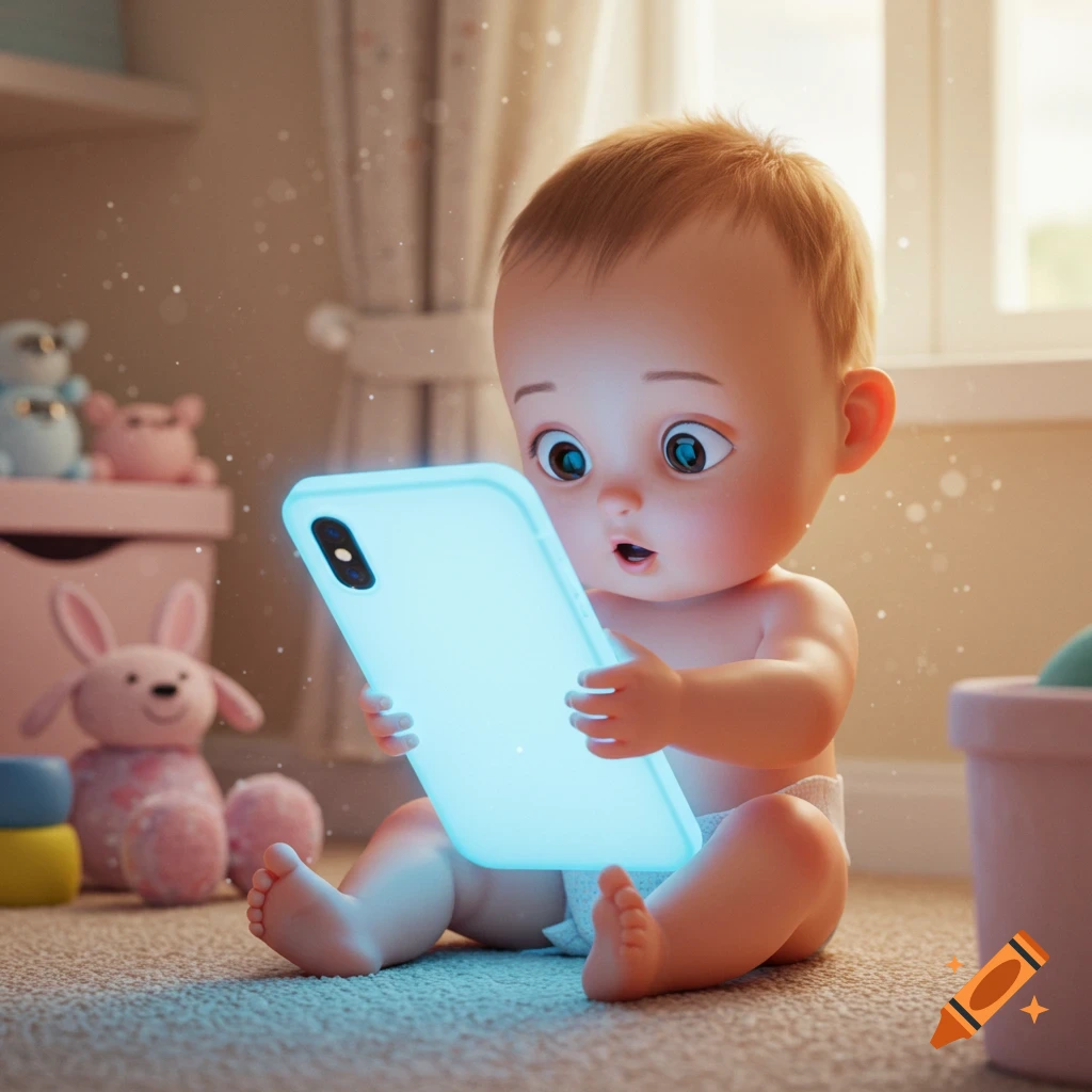 A wide-eyed baby sits on a carpet, gazing intently at a brightly glowing smartphone in a cozy room.