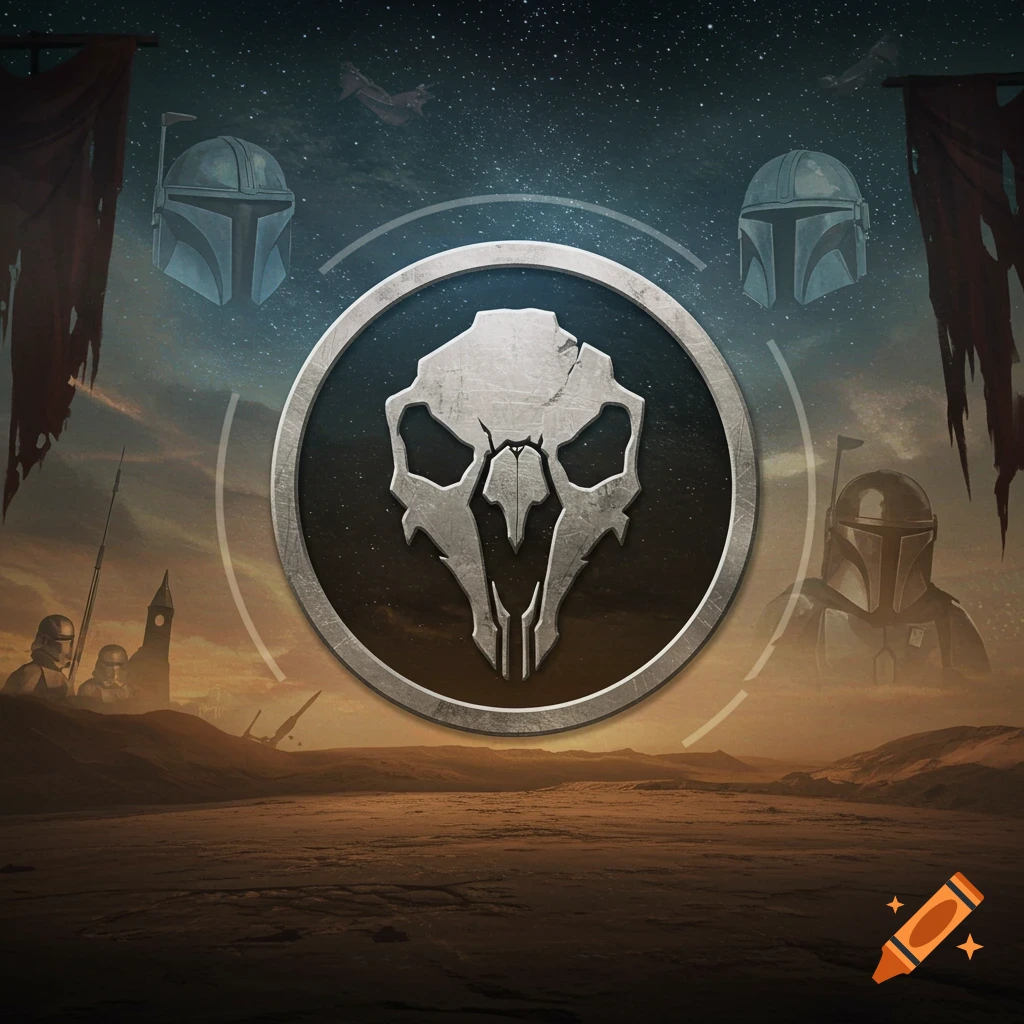 A silver mythosaur skull symbol centered, flanked by Mandalorian helmets and tattered banners over a desert and starry night sky.