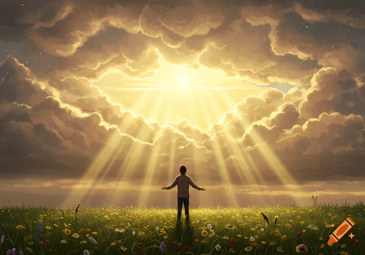A person stands in a vibrant flower field, arms outstretched towards brilliant golden light breaking through dramatic clouds in a hopeful, illustrative style.