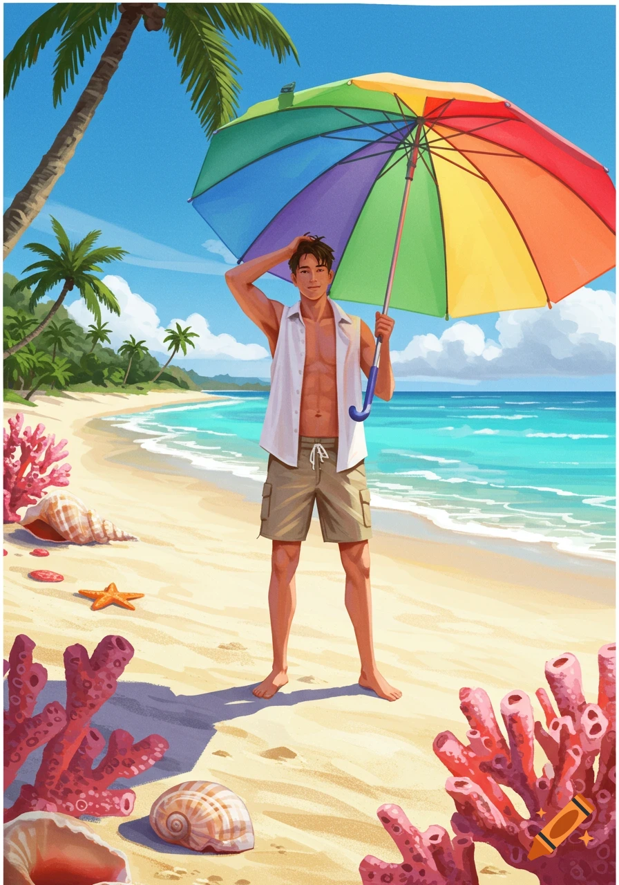 An illustration of a man standing on a sandy beach holding a rainbow umbrella.