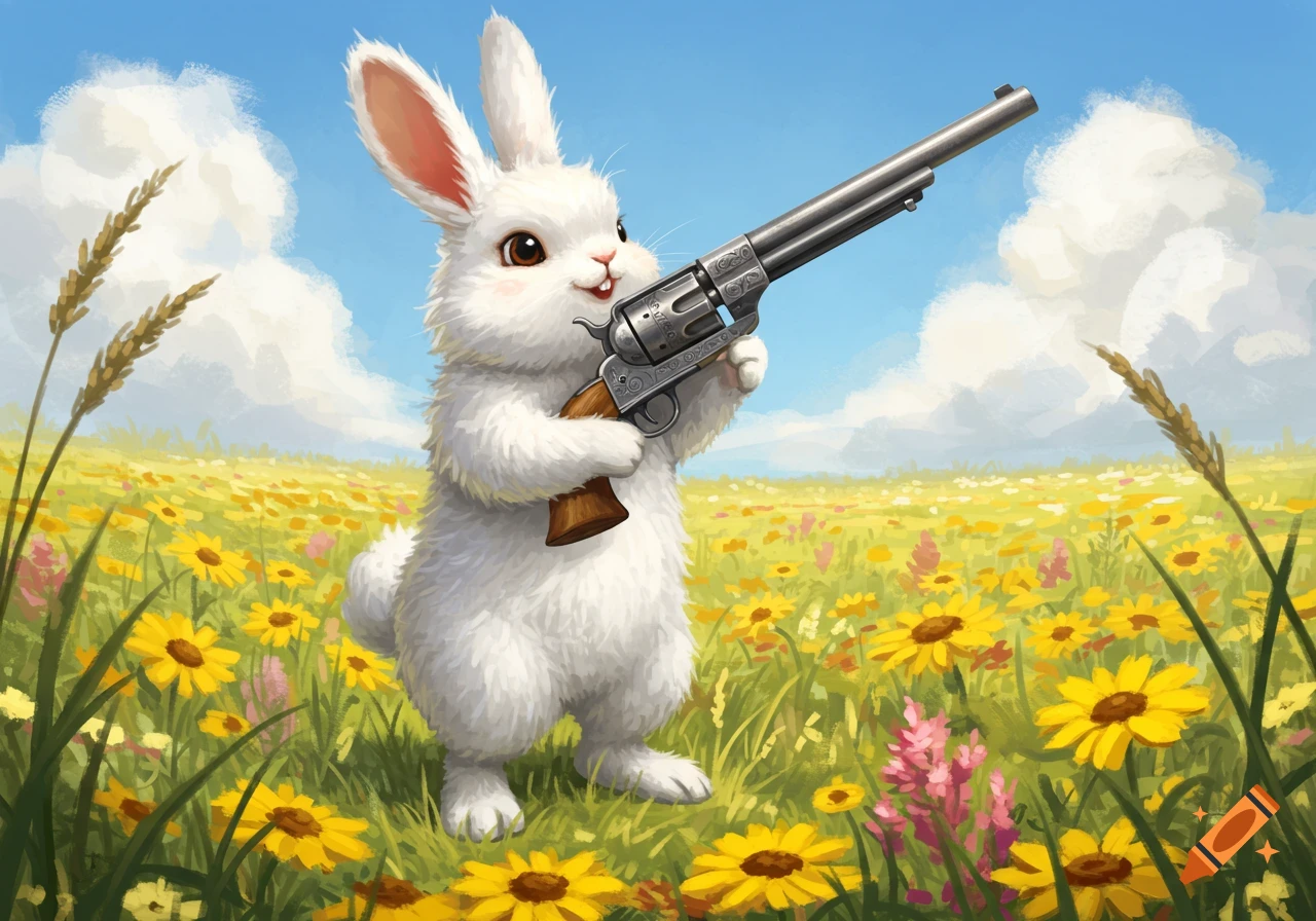 A fluffy white bunny holds a revolver pointed upwards in a sunny field of yellow flowers, cartoon illustration.