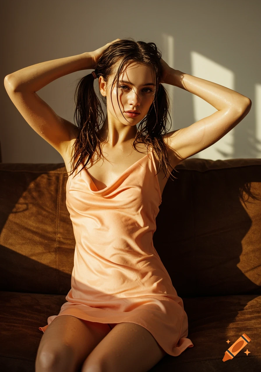 Photorealistic image of a young woman with wet hair in a peach silk dress, sitting on a brown sofa in sunlight.