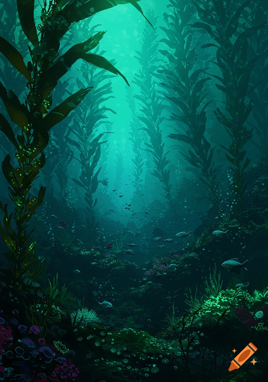 A vibrant illustration of an underwater kelp forest, with sunlight filtering through tall green fronds, and various fish swimming among coral and bubbles.