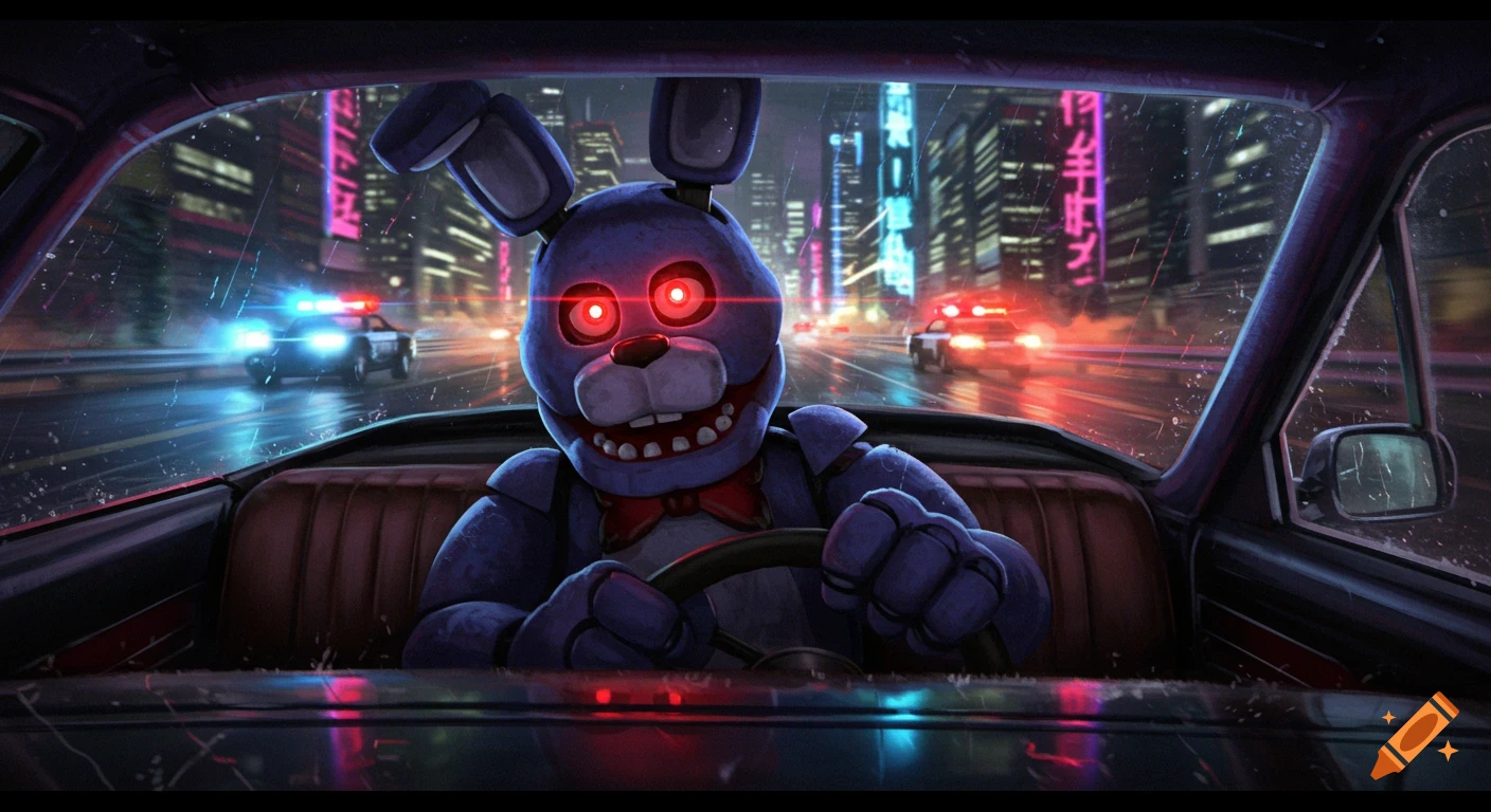 Bonnie from FNAF with glowing red eyes drives a car at night, pursued by police cars in a neon-lit cyberpunk city.