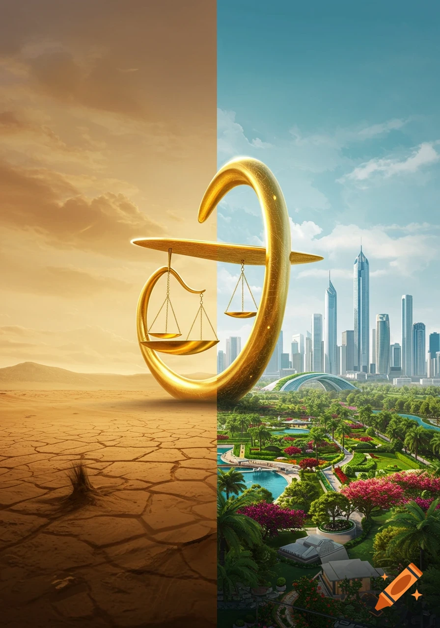 A golden balance scale stands between a barren desert on the left and a lush, green city on the right, symbolizing transition and growth.