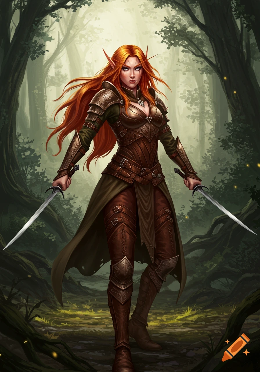 Red-haired elf warrior in brown leather armor holding two short swords, standing in a sunlit fantasy forest.
