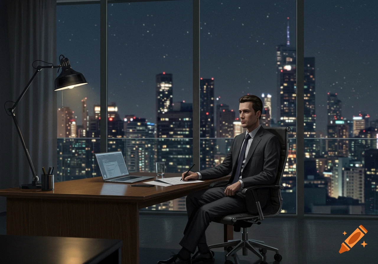 Photorealistic man in a suit working at a desk in a high-rise office overlooking a city skyline at night.