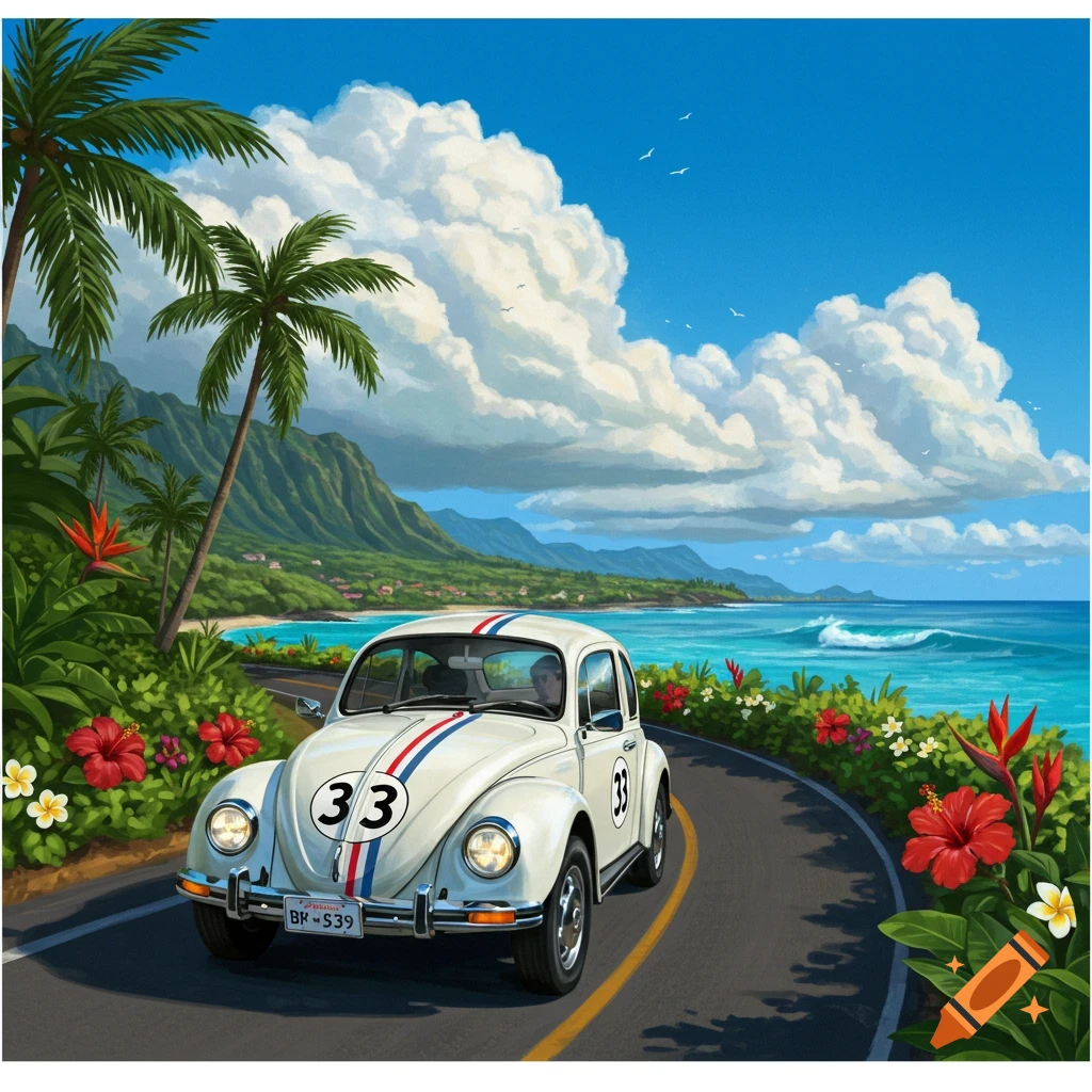 A white vintage Volkswagen Beetle with blue and red stripes and the number 33 drives on a winding road next to a tropical ocean scene with palm trees and mountains.