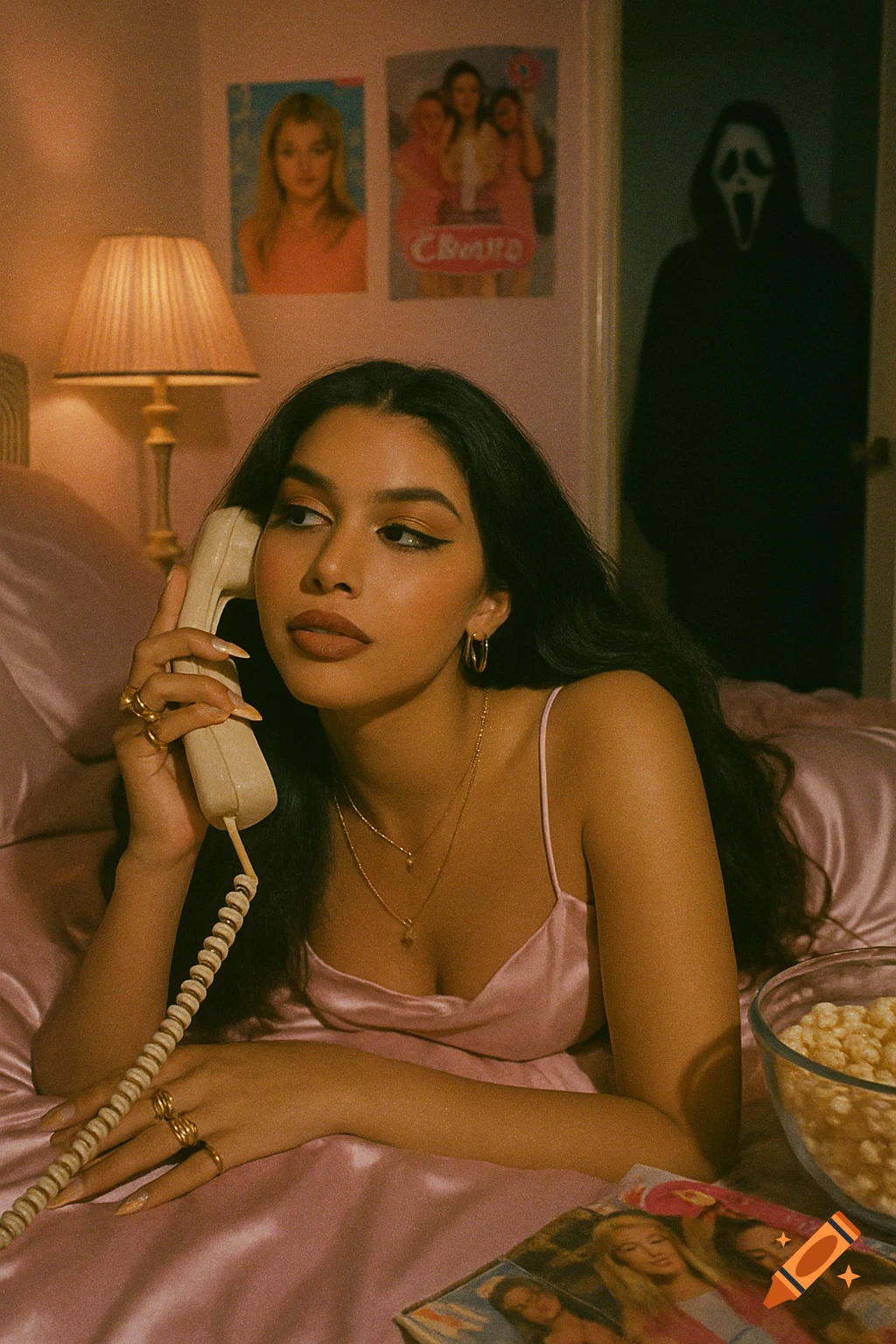 A woman in a pink slip talks on a corded phone in a retro room, a shadowy Ghostface figure stands in the doorway behind her.