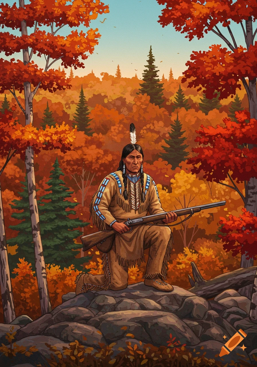 Illustration of an Indigenous person in buckskin, kneeling with a rifle amidst a vibrant autumn forest.