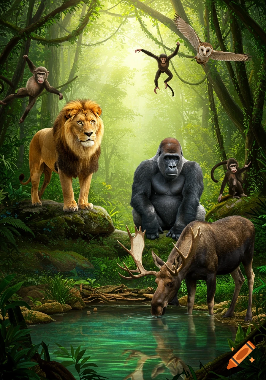 A photorealistic jungle scene with a lion, gorilla, monkeys, owl, and a moose drinking from a pool.