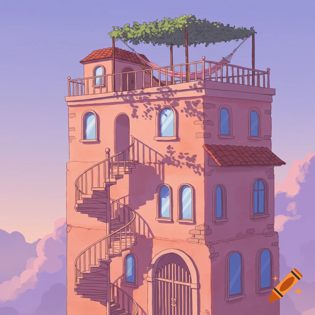 A charming pink illustrated house with an external spiral staircase, roof terrace with hammock, and arched windows, against a pastel sky.