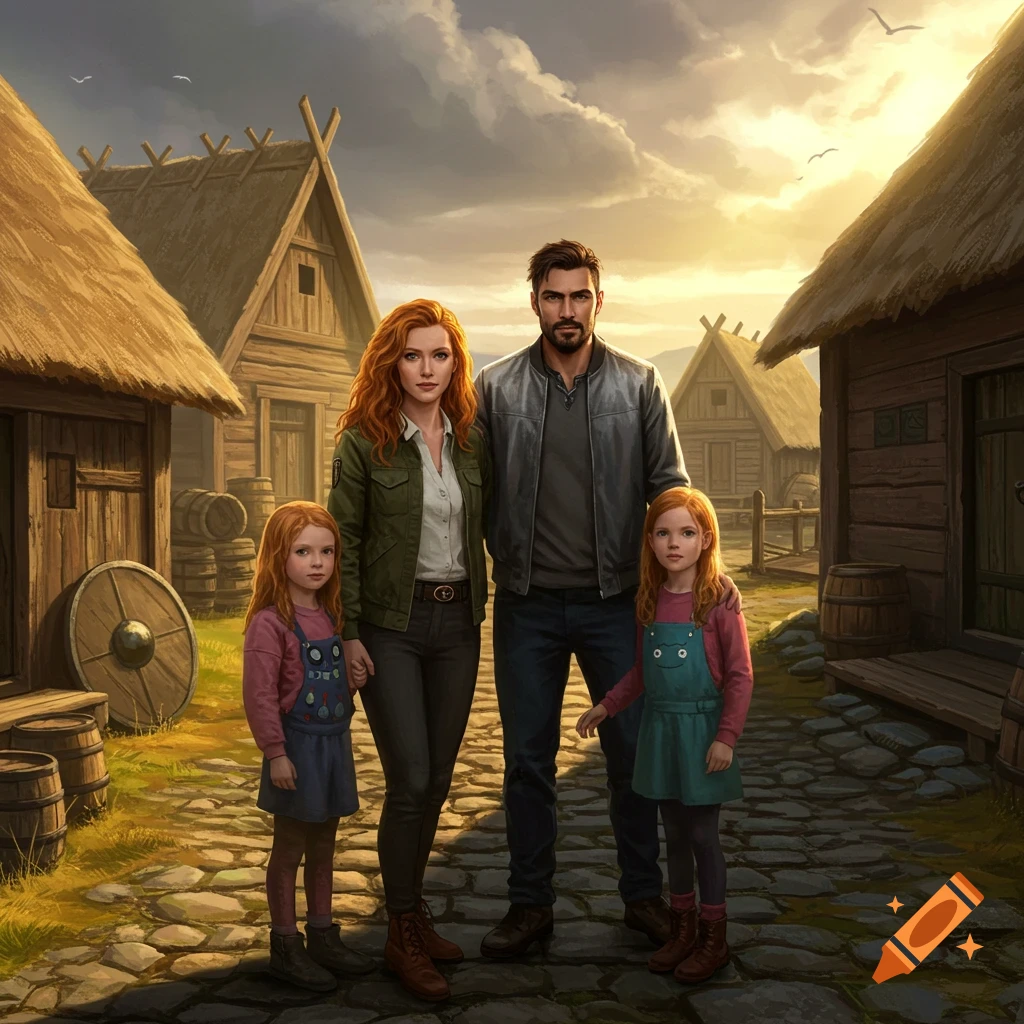 A ginger woman, a brunet man, and their two ginger daughters stand in a rustic digital art Viking village.