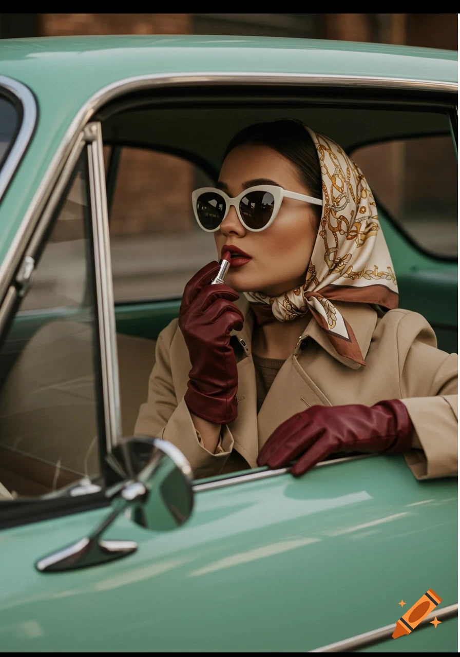 A stylish woman in white cat-eye sunglasses and a silk scarf applies lipstick inside a retro mint-green car, vintage editorial aesthetic.
