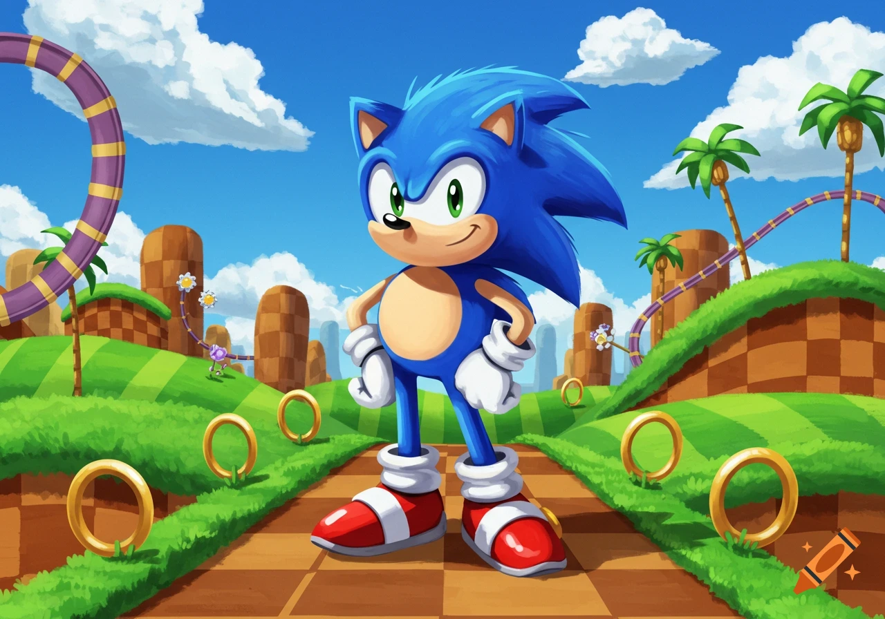 Sonic the Hedgehog stands on a checkered path in the Green Hill Zone, surrounded by green hills, golden rings, and palm trees.