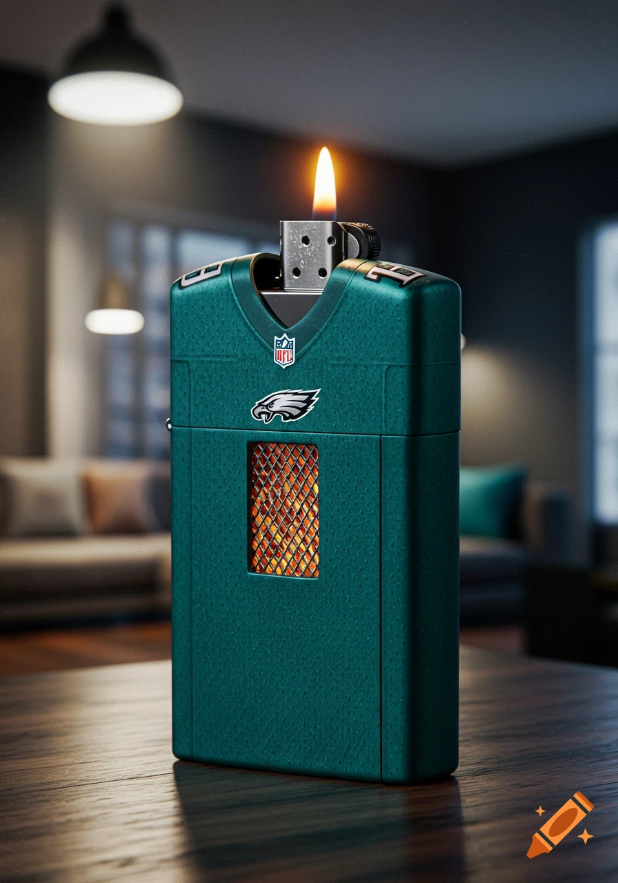 Teal lighter in the shape of a Philadelphia Eagles jersey with logos and numbers "08" and "17", on a wooden table, lit.