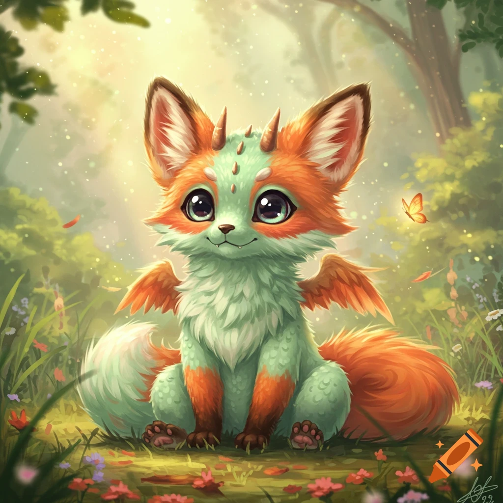 A cute, fluffy dragon fox with orange and mint green fur, small wings, and horns sits in a whimsical forest clearing.