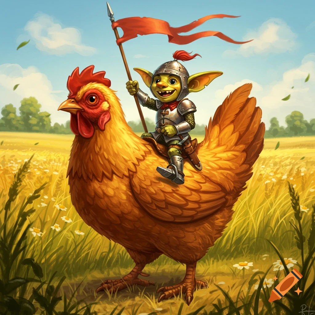 A small armored goblin rides a giant brown chicken through a sunny field, holding a red flag.