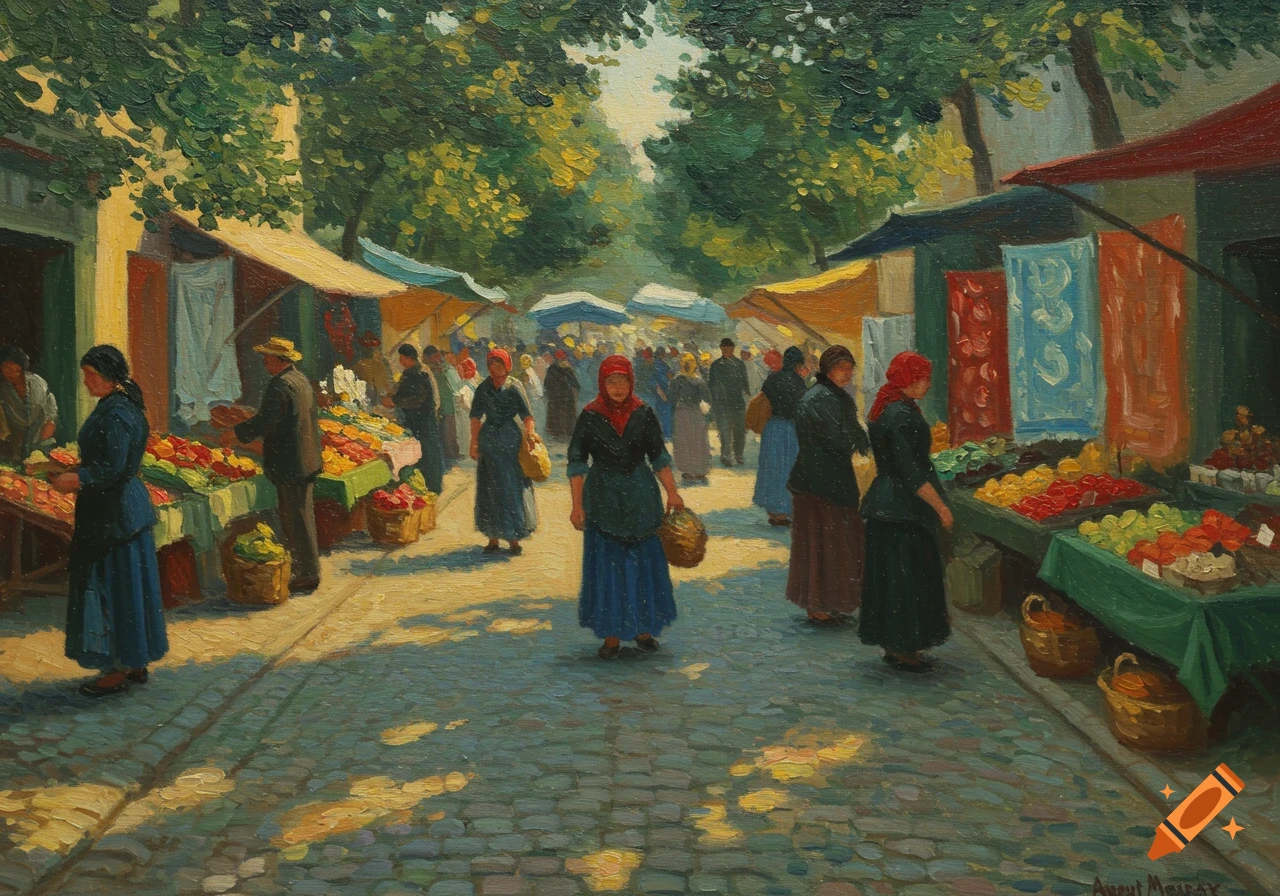 Vibrant oil painting of a bustling outdoor market with vendors, shoppers, colorful fruit stalls, and trees, rendered in an impressionistic style.