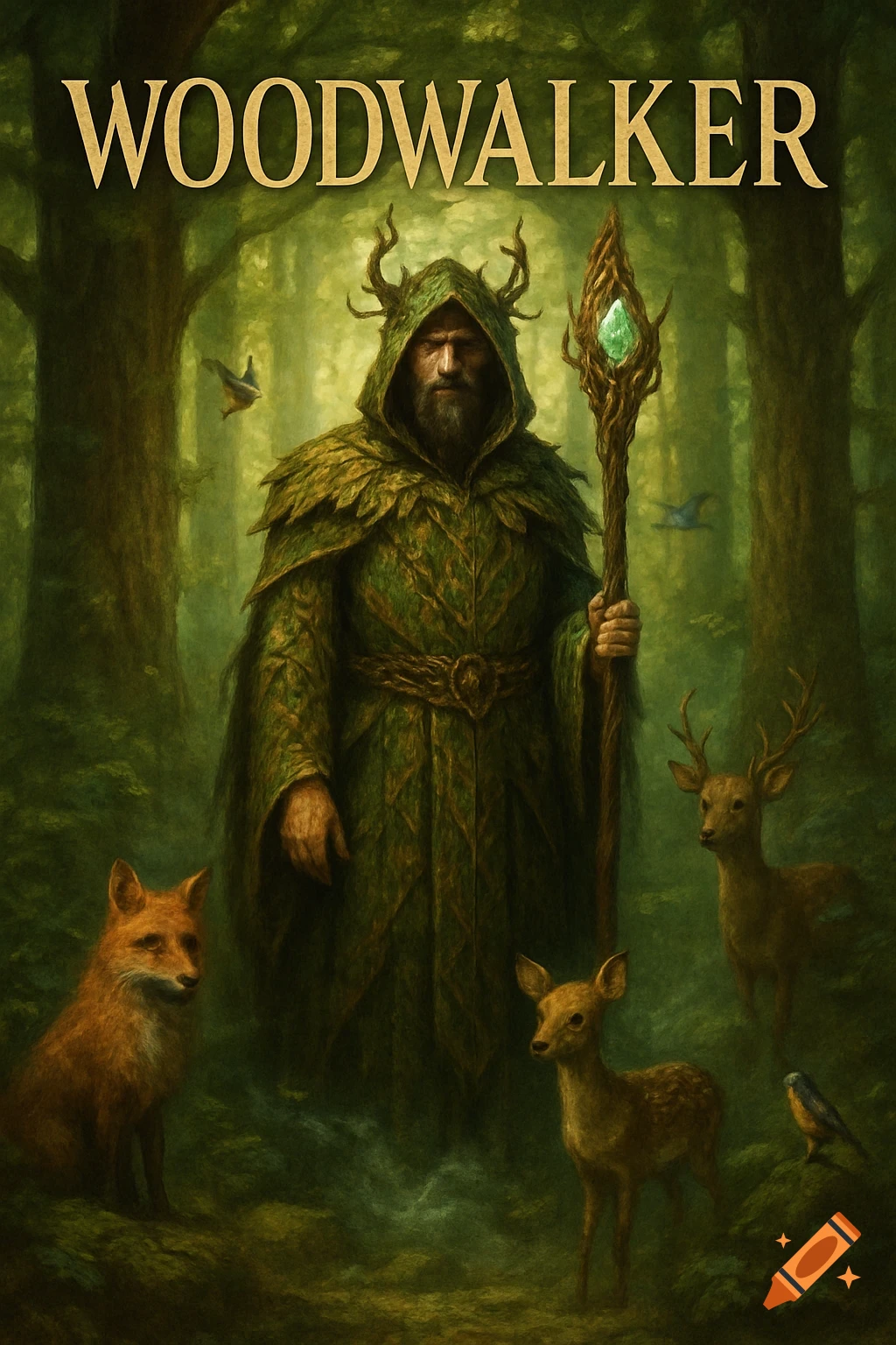 A bearded man in a leaf-covered cloak and antlered hood stands in a forest with a fox, deer, and birds. Digital painting.