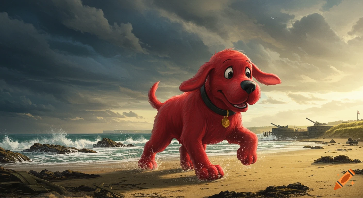 Clifford the Big Red Dog runs on a sandy beach with waves crashing, under a stormy sky, with military bunkers in the background.