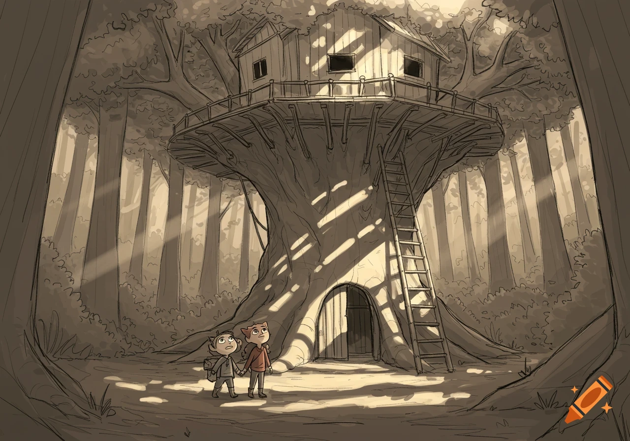 Sepia-toned sketch of two children looking up at a large treehouse in a sunlit forest.