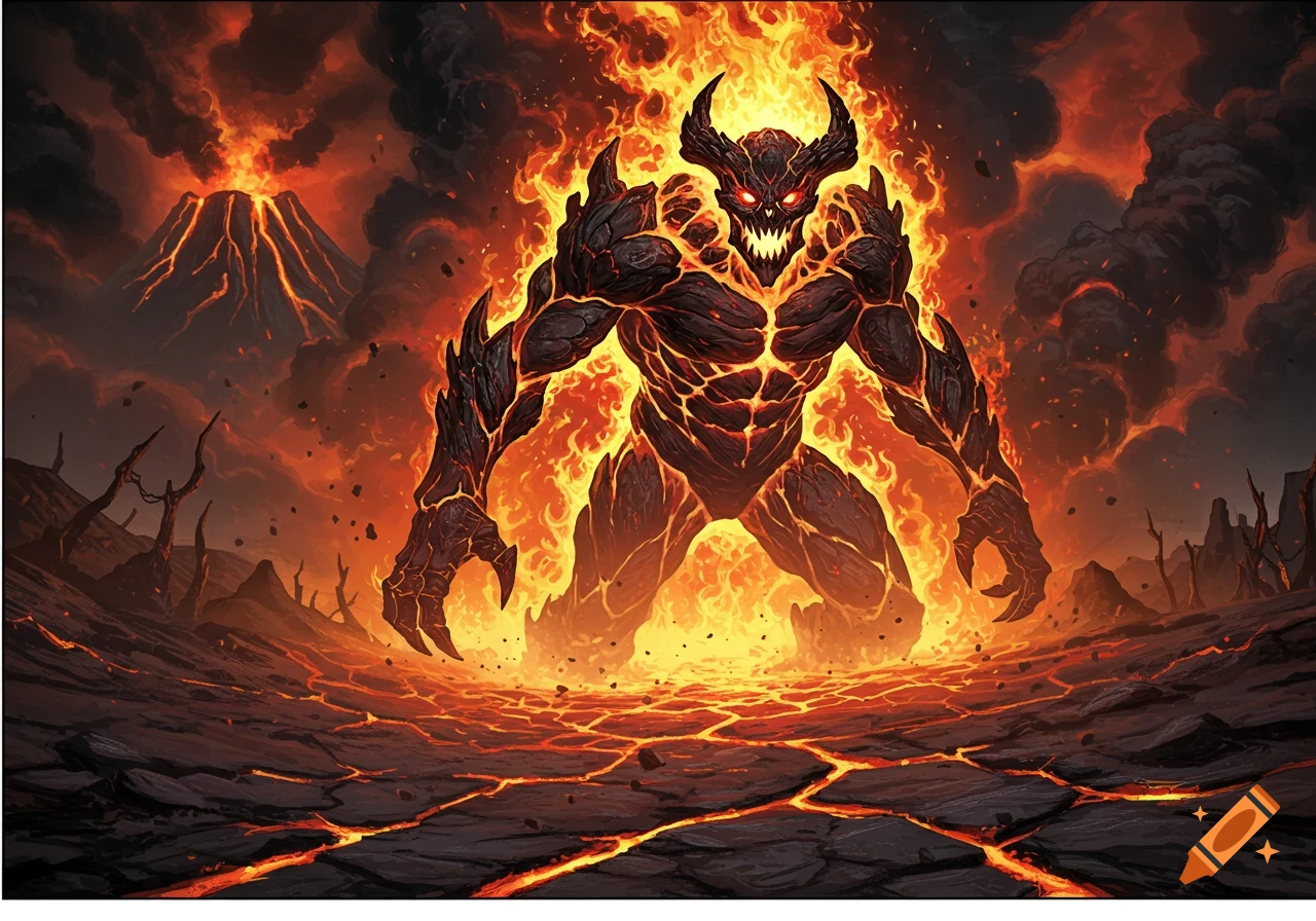 A menacing, horned fire and lava monster stands in a desolate, volcanic landscape with an erupting volcano, in a comic art style.