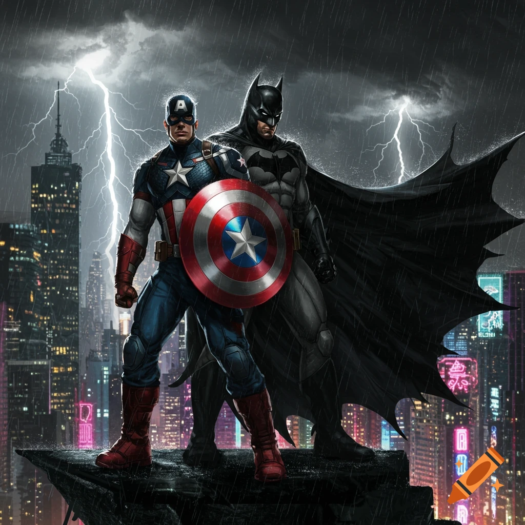 Captain America and Batman stand together on a rooftop overlooking a rainy, lightning-struck cityscape at night, in a comic book art style.