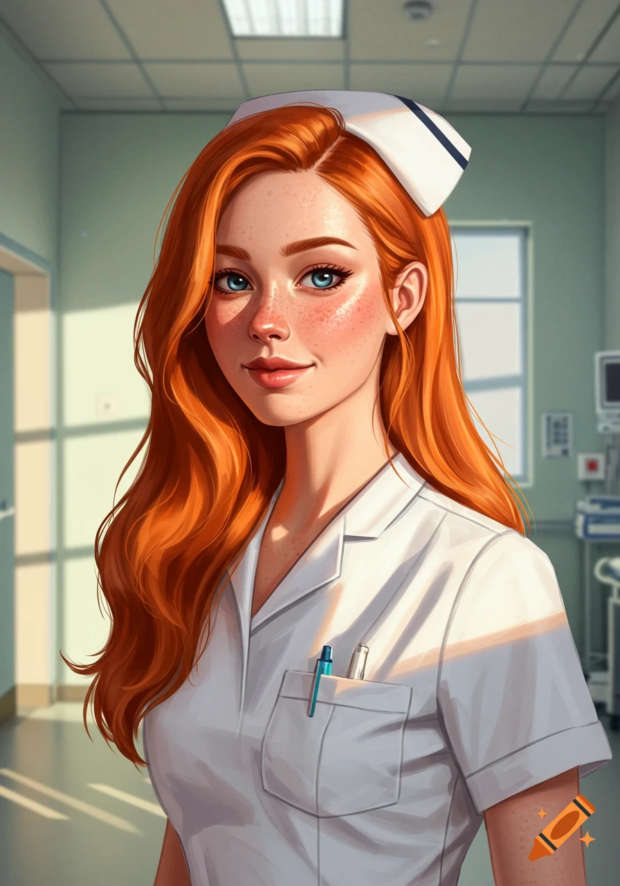 An illustration of a red-haired nurse with freckles in a medical setting.