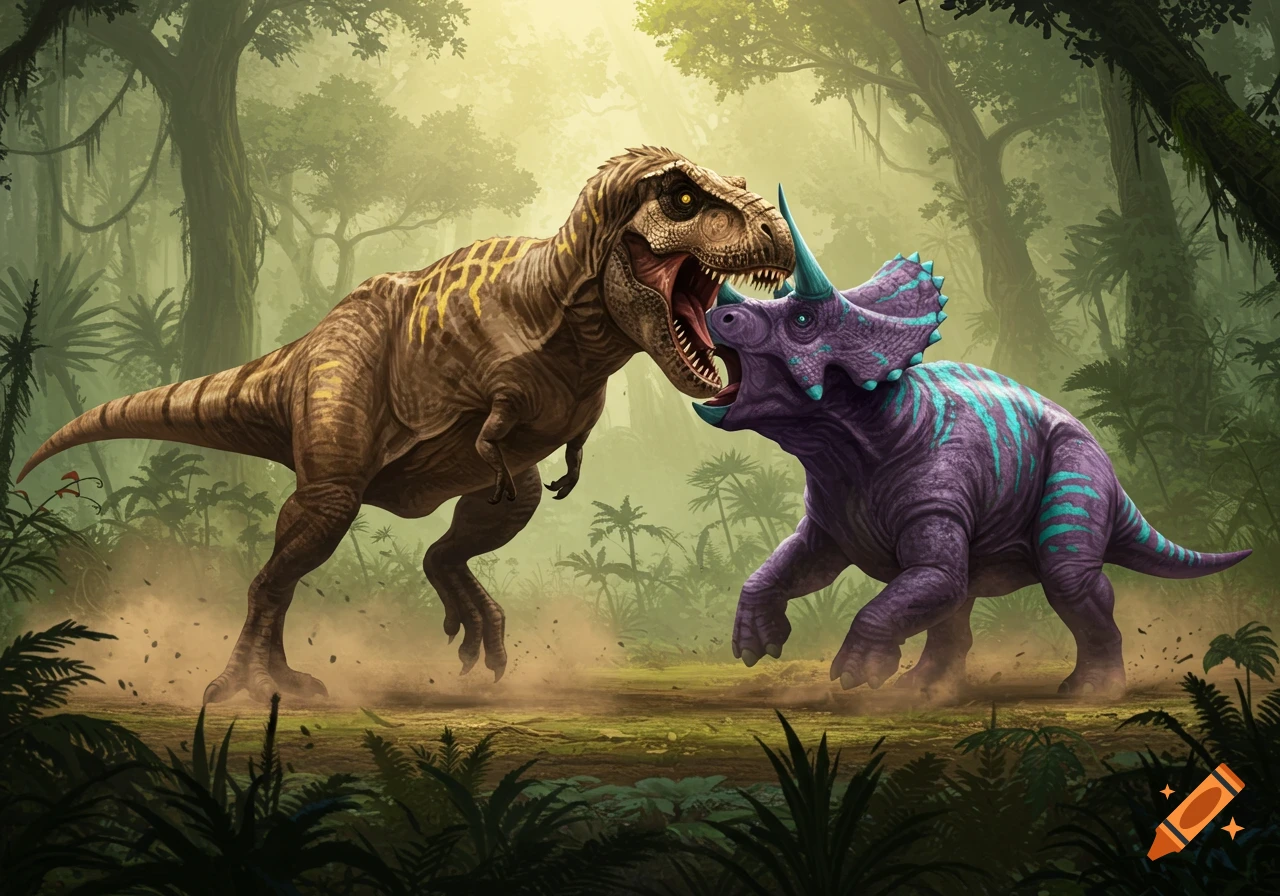 A brown T-Rex with yellow stripes roars at a purple Triceratops with cyan stripes in a dynamic jungle illustration.