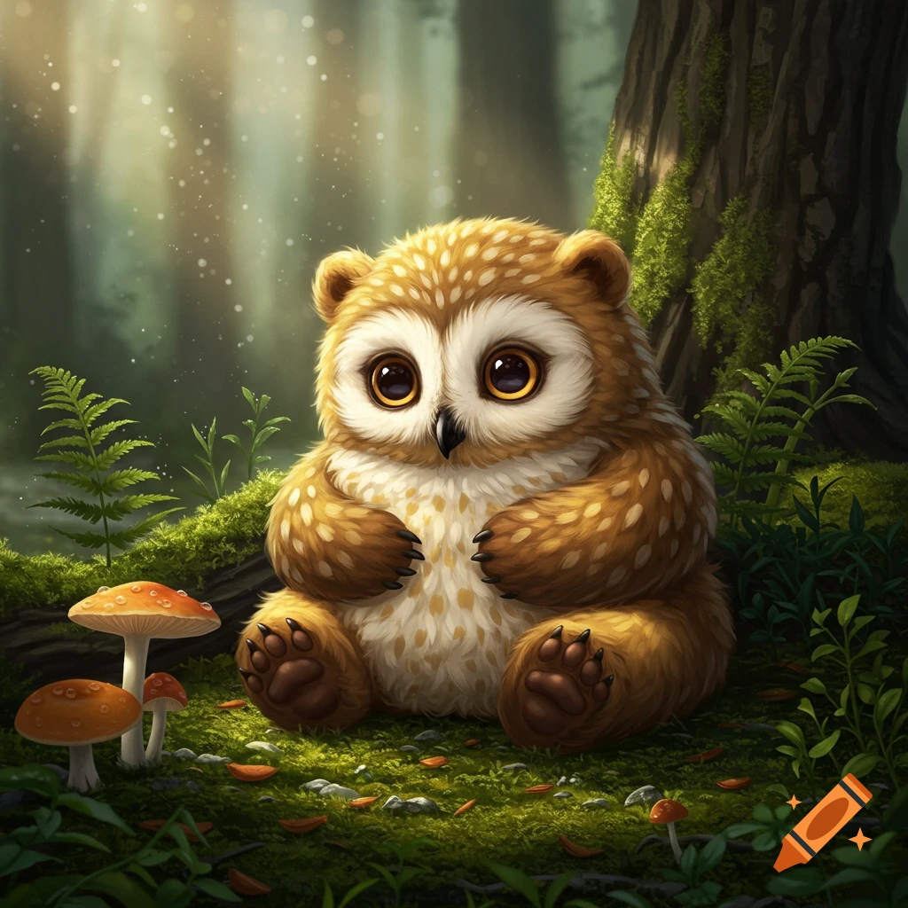 A cute, fluffy baby owlbear with large amber eyes sits in a mossy forest glade at dawn, surrounded by glowing mushrooms and ferns. Fantasy art.