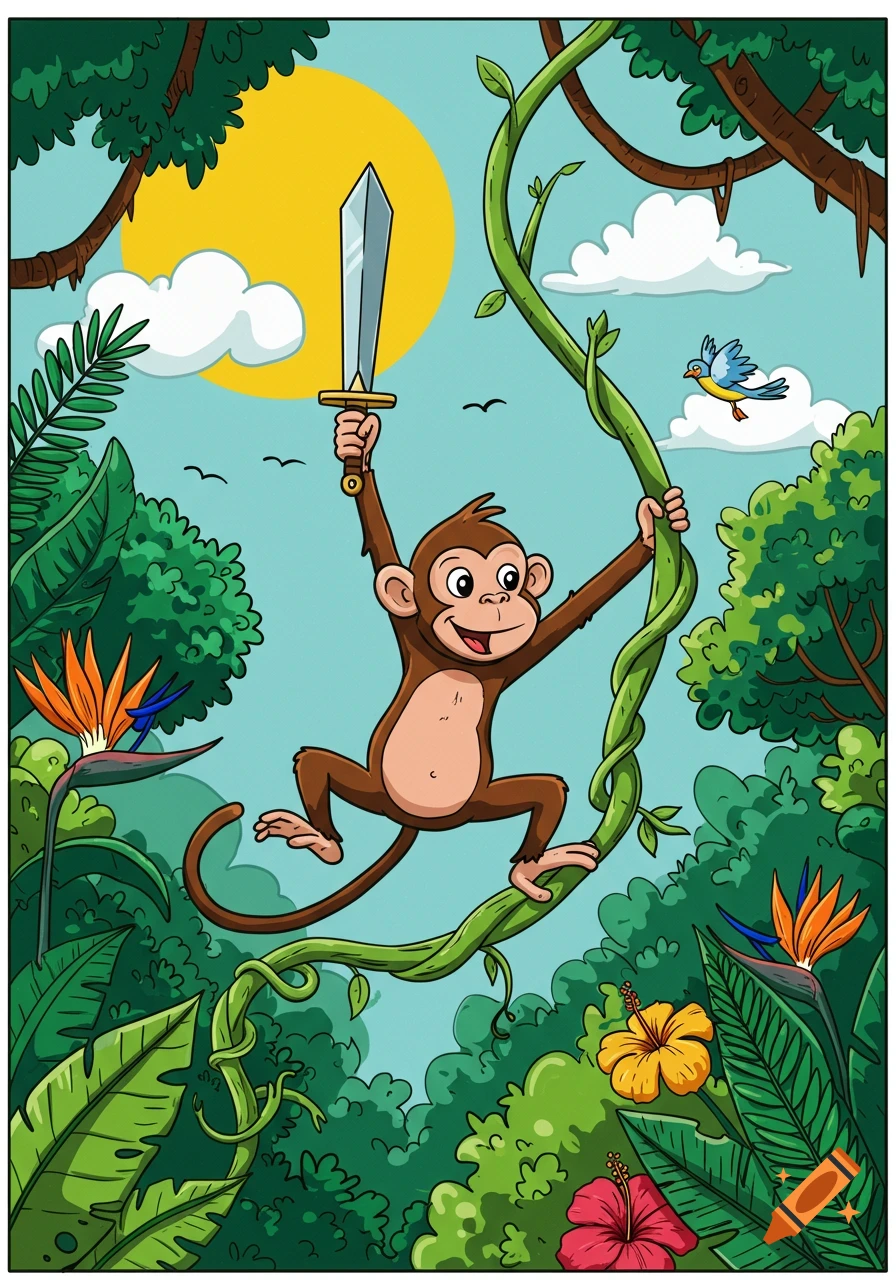 A happy cartoon monkey swings on a vine in a lush jungle, holding a sword. A bird flies nearby in comic style.