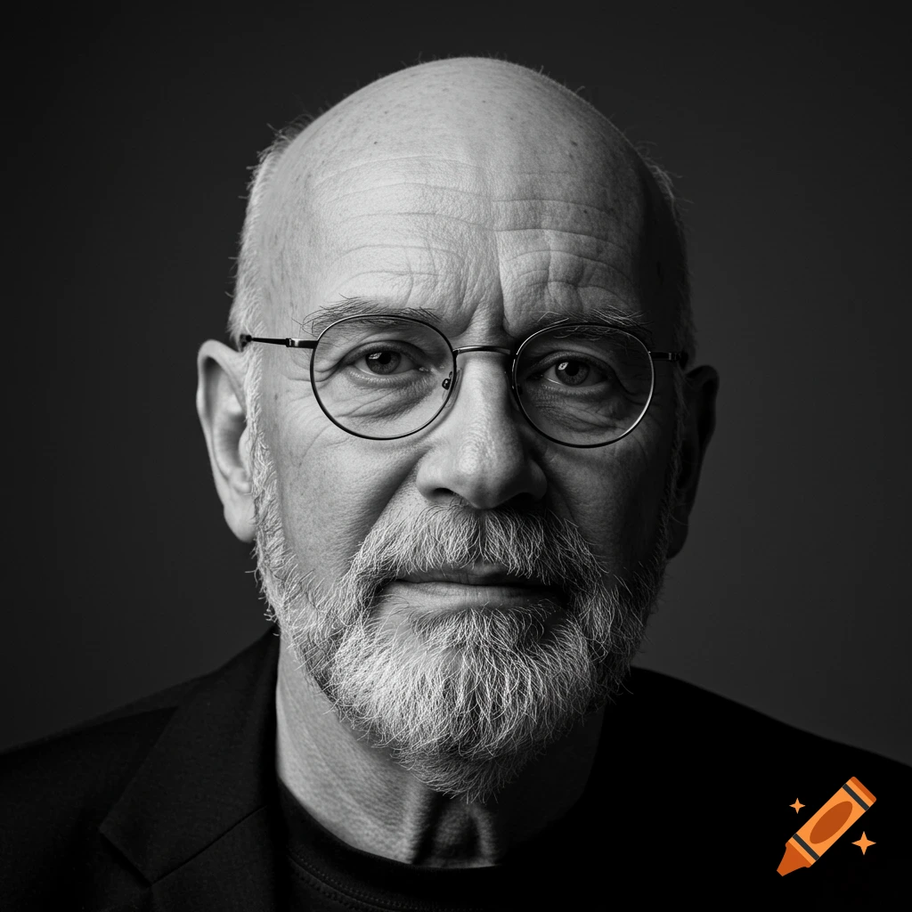 A black and white portrait of a bald elderly man with a goatee and glasses, looking thoughtfully off-camera.