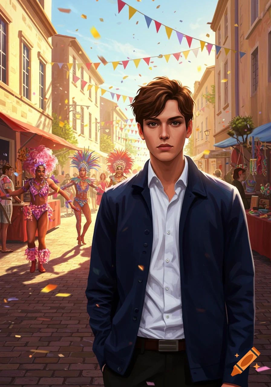 A young man stands in a sunny carnival street with confetti and costumed dancers in the background, illustrated style.
