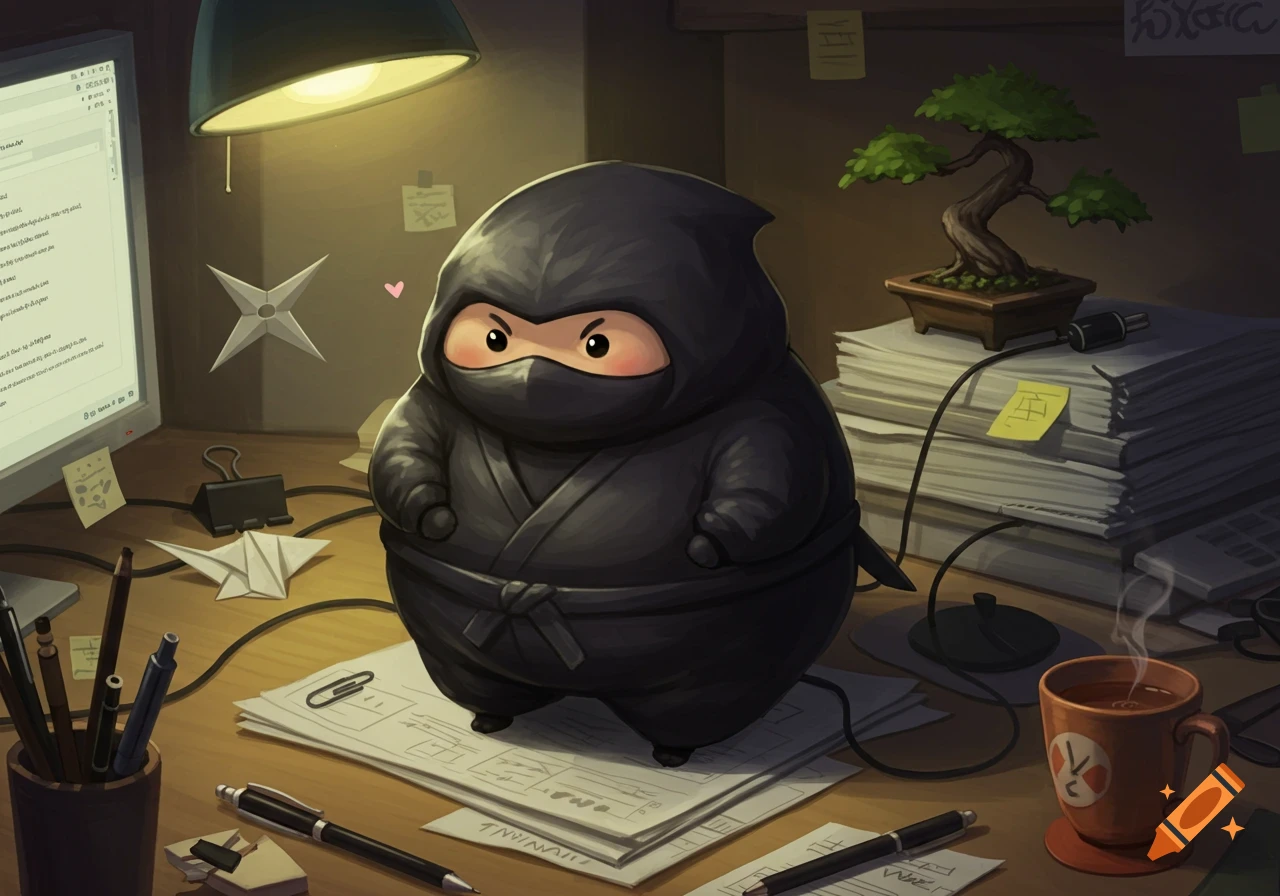 A cute, pudgy cartoon ninja sits at an messy office desk, illuminated by a desk lamp. Papers, pens, a computer monitor with garbled text, a bonsai tree, and a coffee mug are on the desk.