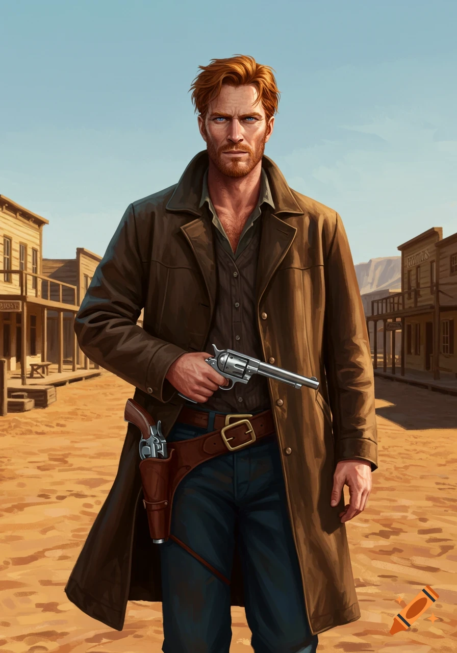 A red-haired cowboy in a brown coat stands defiantly in a dusty Wild West town street, hand on his revolver, under a blue sky.