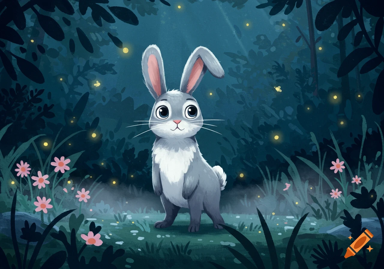 Cute gray and white cartoon rabbit with large eyes stands in a magical dark forest illuminated by fireflies and pink flowers.