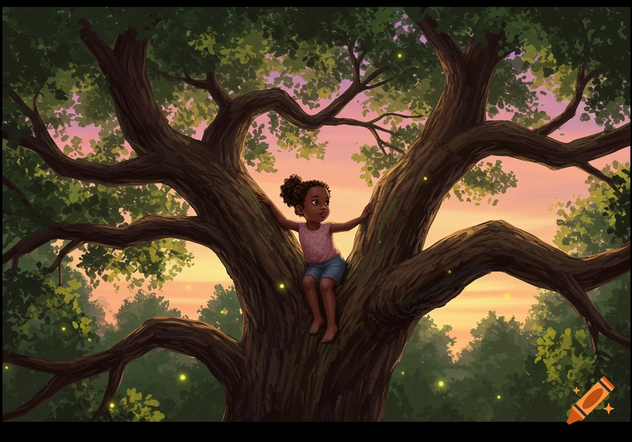 Illustrated young Black girl sitting in a large, leafy tree at sunset with fireflies.