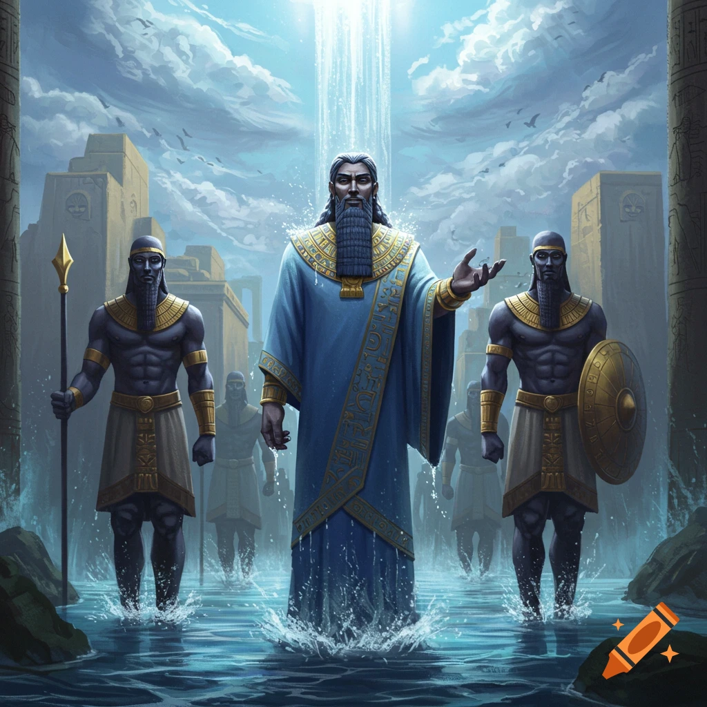 A powerful robed figure stands in water, illuminated by a divine light, flanked by two dark-skinned warriors in an ancient city.