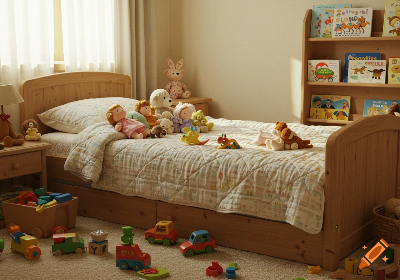 A sunlit child's bedroom features a wooden bed covered in a patterned quilt and numerous plush toys. Wooden blocks and toy cars are scattered on the carpeted floor. Bookshelves filled with children's books stand against the right wall.