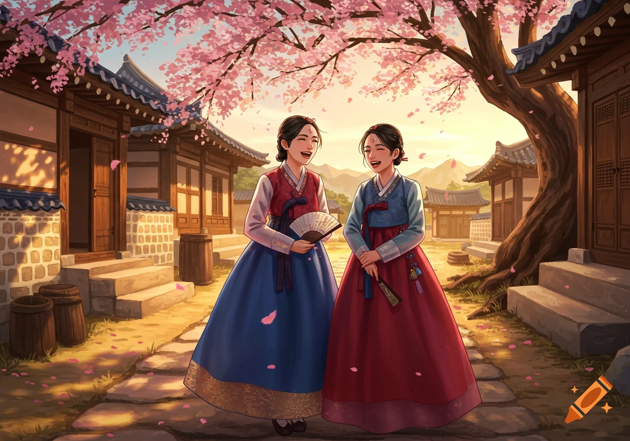 Two illustrated Korean women in traditional Hanbok dresses laugh under cherry blossom trees in a village.