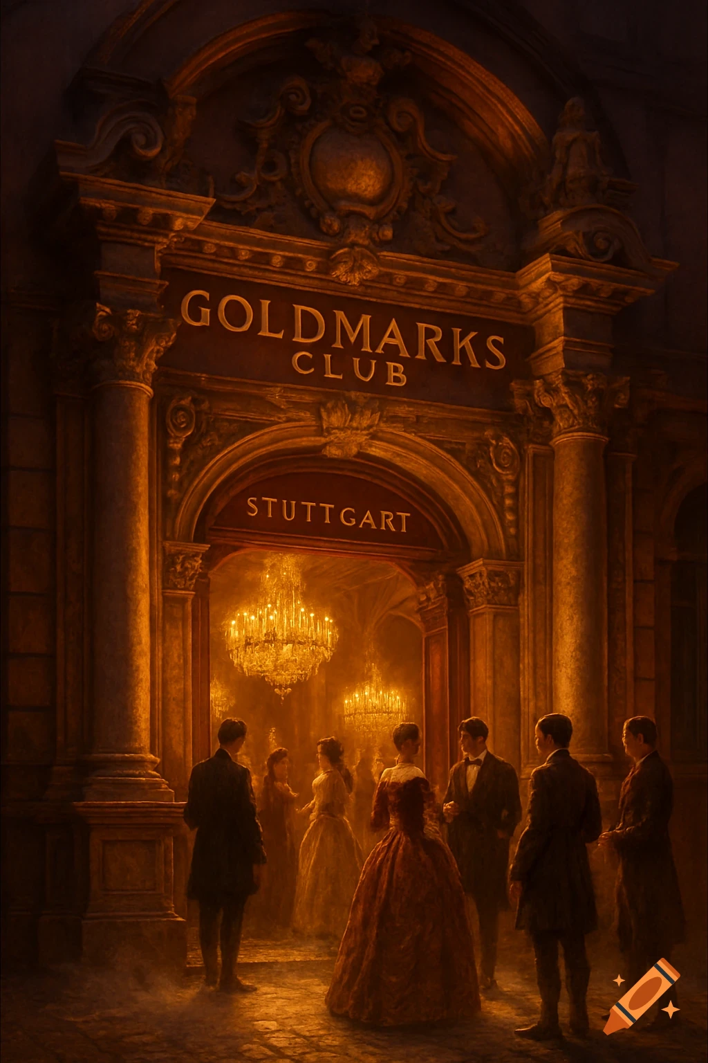 A grand Baroque club entrance for 'Goldmarks Club Stuttgart' at night, with elegantly dressed people under chandeliers.